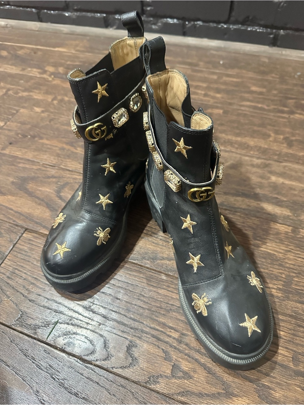GG Black Leather Ankle Boots with Gold Stars & Bee Embroidery